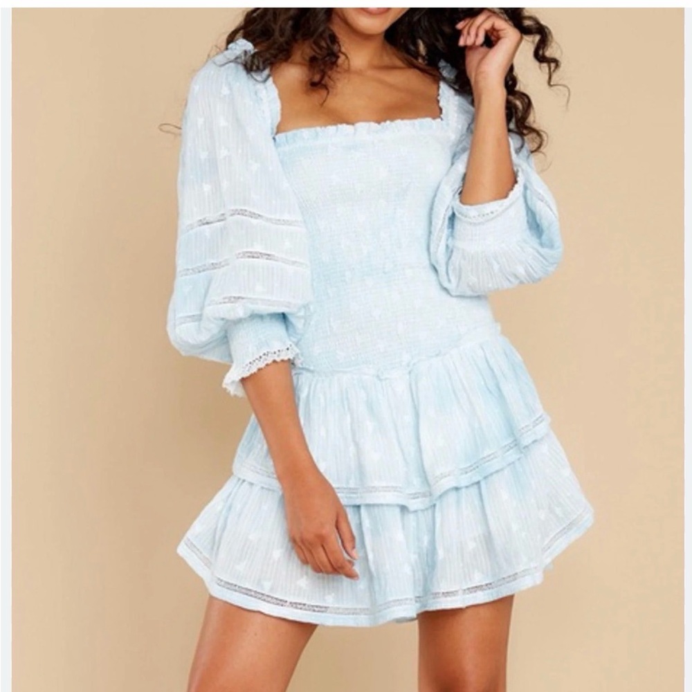 LoveShackFancy Raelynn Ruffled Gauze Mini Dress in Pale Blue